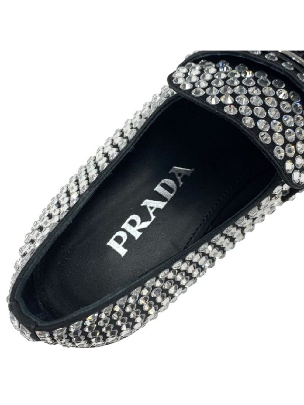 Prada Loafers Leather Shoes Satin Black Crystal Rhinestone Logo Plate - Picture 8 of 11